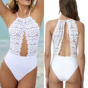 New Anthropologie PilyQ Water Lily Bridal White lace keyhole one piece swimsuit